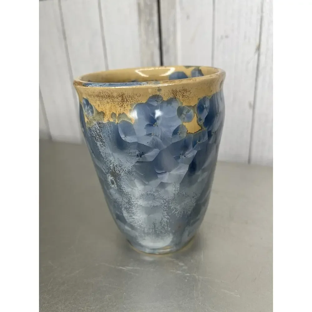 Vintage Crystalline Porcelain Vase Artist Signed Nelson Blue Metallic
